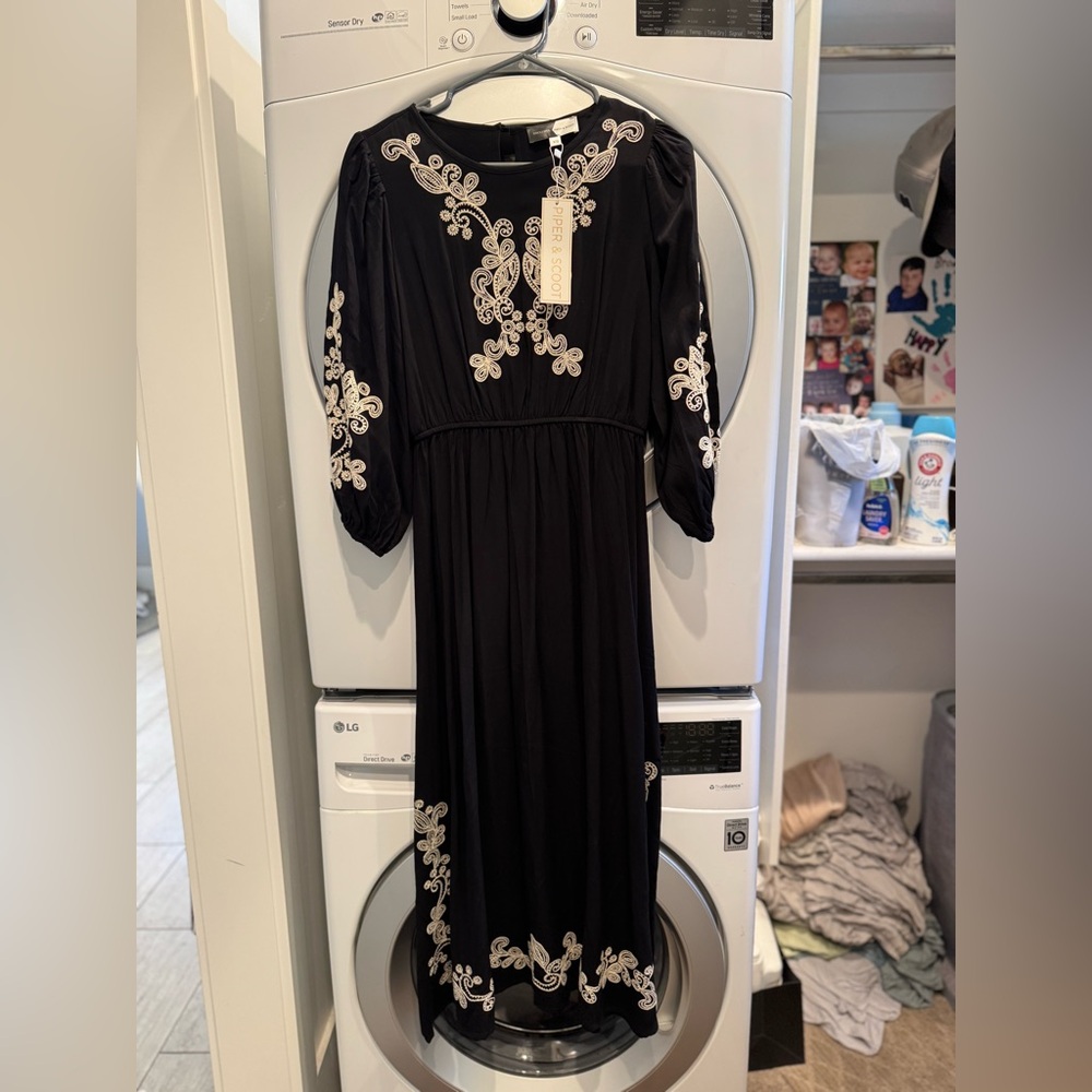 NWT Exclusive Piper and Scoot Black Dress with White Embroidery